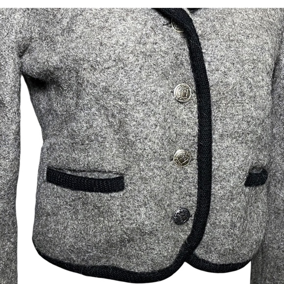 Geiger Vintage 80s Cropped Blazer Jacket Womens Medium Gray Wool Pockets Austria - Picture 4 of 13